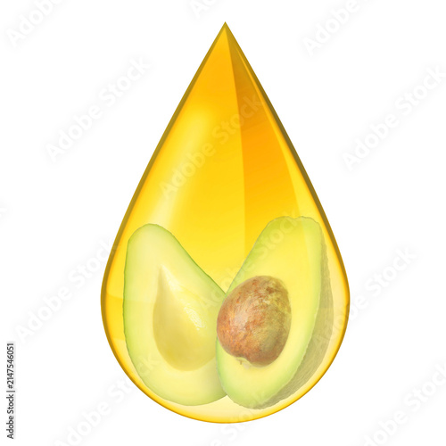 Avocado in drop of oil on transparent background