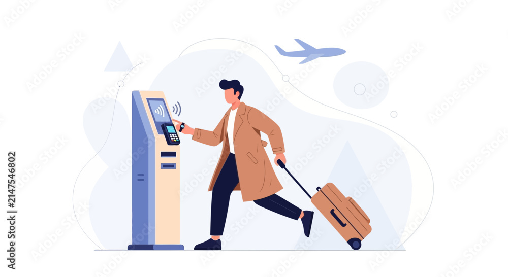 Fototapeta premium Man using self-service kiosk at airport for check-in or boarding pass with luggage and airplane in background.