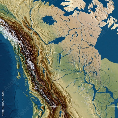 Topographic map showing Western Canada relief, rivers, lakes, and administrative lines. Includes undersea terrain visualization, illustrating coastlines and ocean floor topography.