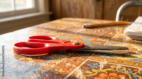 Vintage red scissors on decorative floral patterned table surface