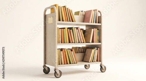 Mobile metal library cart filled with various hardcover books, bookshelf