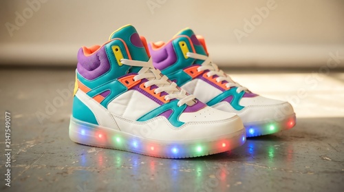 Brightly colored kids high top sneakers with glowing led soles, sneakers