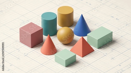 Colorful geometric 3D shapes arranged on technical grid paper