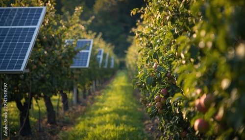Sustainable agriculture integration renewable energy panels positioned within rows mature apple orchard fruit harvest season with interspersed solar panels