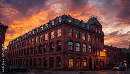 Industrial brick warehouse building exterior during vibrant golden hour sunset under dramatic clouds with sunset light reflecting reflecting off windows