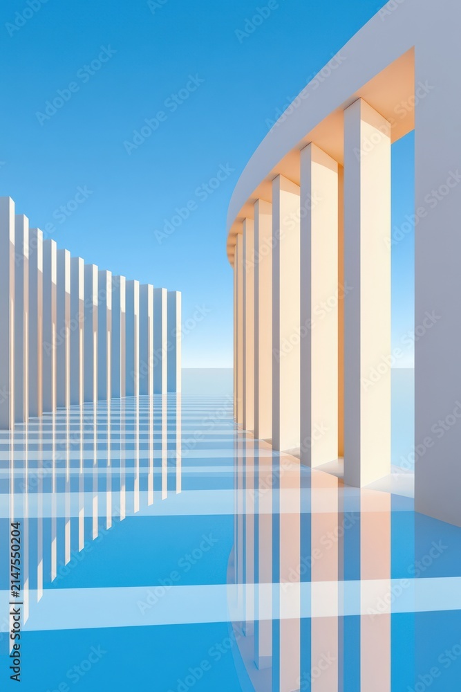 Fototapeta premium Minimal modern colonnade with reflected columns and blue sky — abstract architectural 3D render