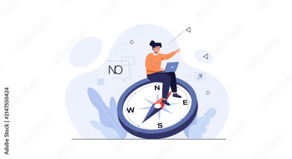 Naklejka premium Woman with Laptop on Compass Symbolizing Direction and Decision Making in Business and Life