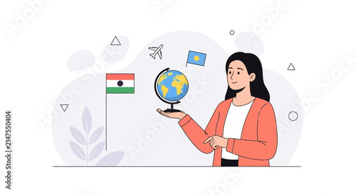 Woman with Globe and Flags Illustrating Global Travel and International Relations