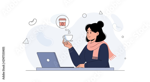 Woman with Coffee and Laptop, enjoying a break while working remotely or studying, modern flat illustration