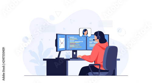 Woman with headset working on dual computer screens with video call interface and code, representing remote work, customer support, and programming.