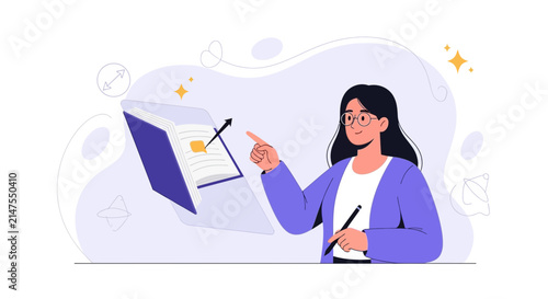 Woman with Glasses Interacting with an Open Book, Digital Learning and Education Concept