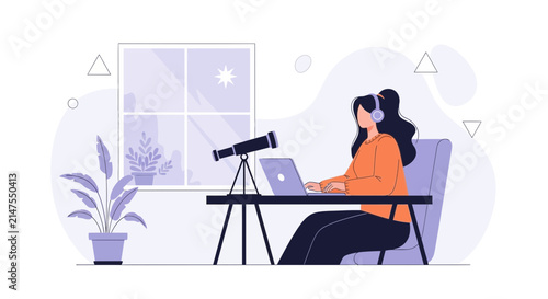 Woman with headphones working on laptop next to telescope and plants, modern flat illustration