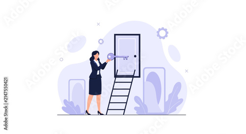 Woman with Key Opening Door on Ladder, Symbolizing Opportunity, Success, and New Beginnings in Business