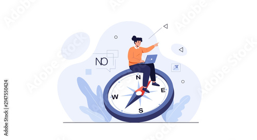 Woman with Laptop on Compass Symbolizing Direction and Decision Making in Business and Life
