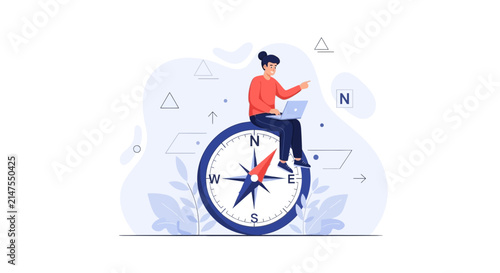 Woman with Laptop Sitting on Compass, Navigating Business and Technology Concepts