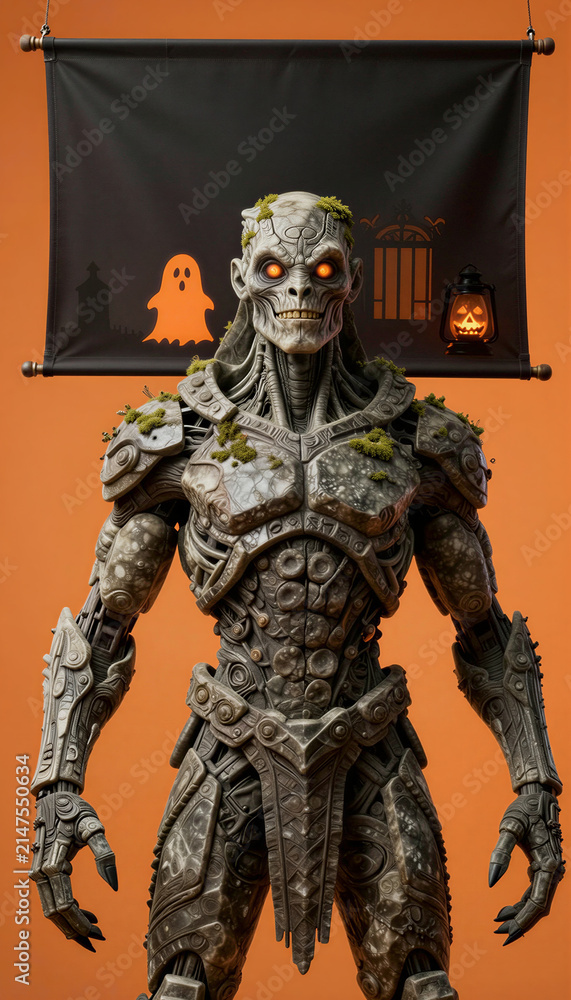 Fototapeta premium Stone creature with glowing eyes standing against orange background