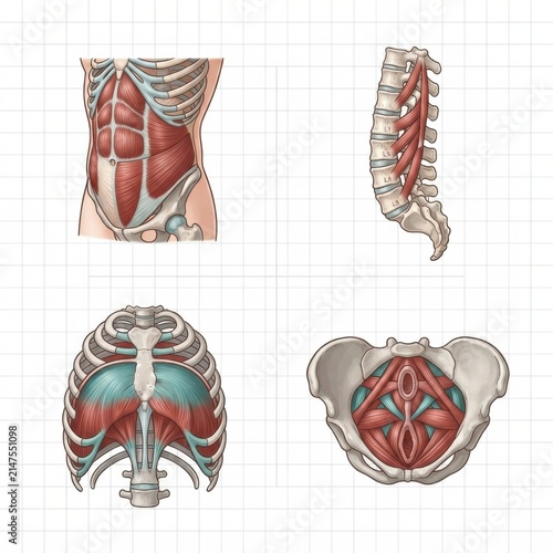 Fotografie Diagram shows muscle anatomy related to sports injury, highlighting key muscle groups and their functions, presented in four views
