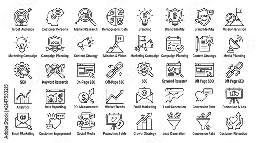 Marketing icons represent digital strategies including search engine optimization, content development, and analytics growth tracking.