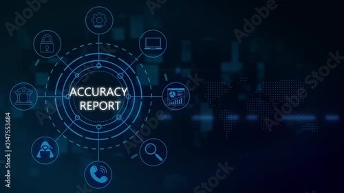 Accuracy report digital interface with global network and data analytics hud animation