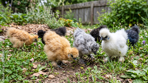 Vibrant Close-up Portrait of Six Diverse Silkie Bantam Chicks Foraging on a Grassy Path in a Free-Range Farm Setting