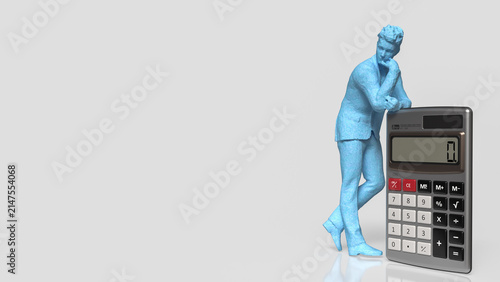 Thoughtful Businessman Planning Finances Beside Giant Calculator 3d render.