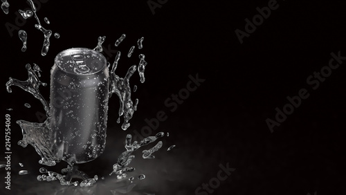  Refreshing Silver Soda Can with Dynamic Water Splash 3d render.