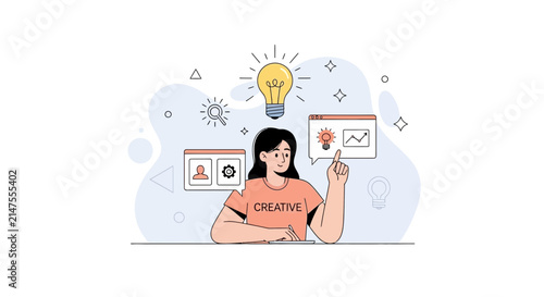 Creative Woman Brainstorming Ideas, Generating Innovation and Business Growth with Lightbulb and Analytics