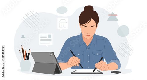 Creative Woman Working Digitally on Tablet and Computer, Freelance Designer Concept