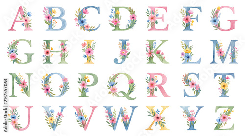 Watercolor floral alphabet letters collection for decorative designs with alphabet watercolor typography botanical colorful