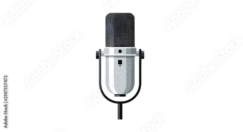 Professional studio condenser microphone on white background, silver vocal recording mic for podcasting, broadcast audio equipment for radio