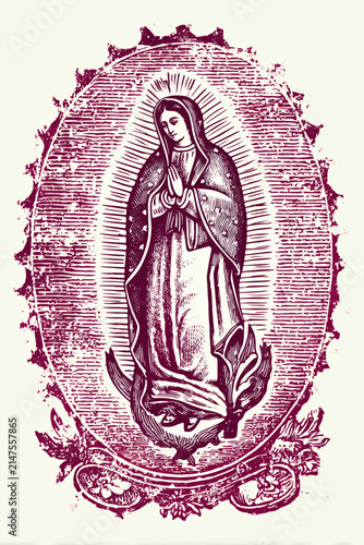 illustrated virgin of guadalupe stamp, magenta vintage catholic print on ivory, illustration