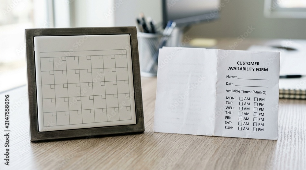 Obraz premium Dashboard Calendar Tile Resting Blank beside a Folded Customer Availability Form | Delivery, Logistics & Claims Investigation Stock Photo