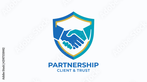 Handshake inside a protective shield symbol signifies a professional partnership and client trust.