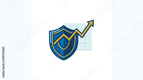 Shield icon features a golden line graph rising across a grid to symbolize secure financial growth.