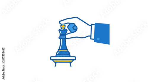Hand in a suit sleeve moves a blue king chess piece to represent leadership and strategic moves.