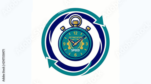 Stopwatch framed by circular arrows represents the optimization of speed and performance in a professional business environment.
