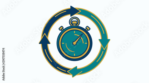Stopwatch encircled by rotating arrows illustrates the concept of time management and efficient workflow cycles.