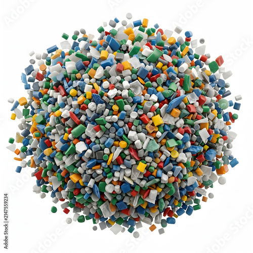 Scientific 3D Render of Colorful Recycled Mixed Plastic Regrind and Polymer Granules Isolated on White