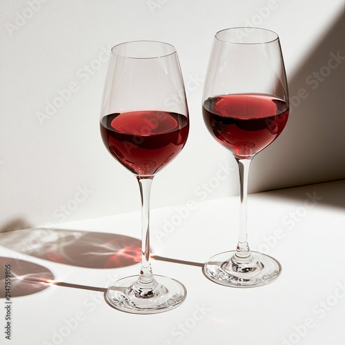Two fancy red wine glasses sit on a white background.
