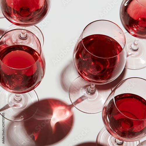 Wine glasses contain varied amounts of red liquid against a white backdrop.