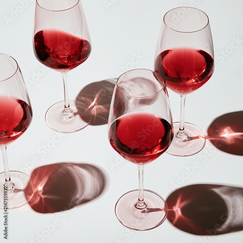 Wine glasses contain varied amounts of red liquid against a white backdrop.