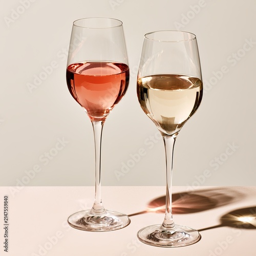 Rose and white wine sit in glasses against a clear background.