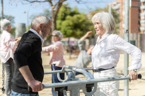 Fotografie Elderly men and women people keep fit and wellness, exercise outdoors, and use outdoor exercise equipment public sports ground