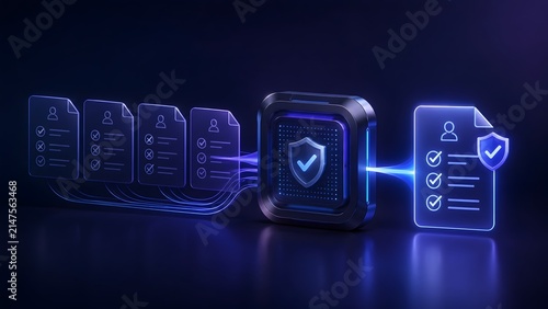 Glowing digital files passing through a secure cybersecurity shield for identity verification and data protection processing