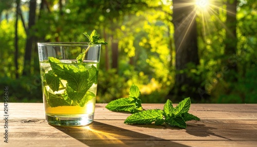 Refreshing mint tea glass on a wooden table in a sunny garden.