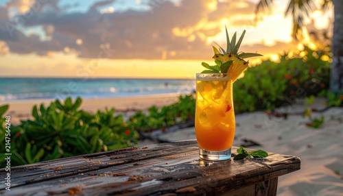 Refreshing tropical cocktail drink on wooden table at sunset beach.