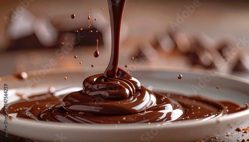 Rich liquid dark chocolate pouring onto a plate.