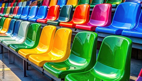 Rows of colorful plastic stadium seats in an empty sports arena.