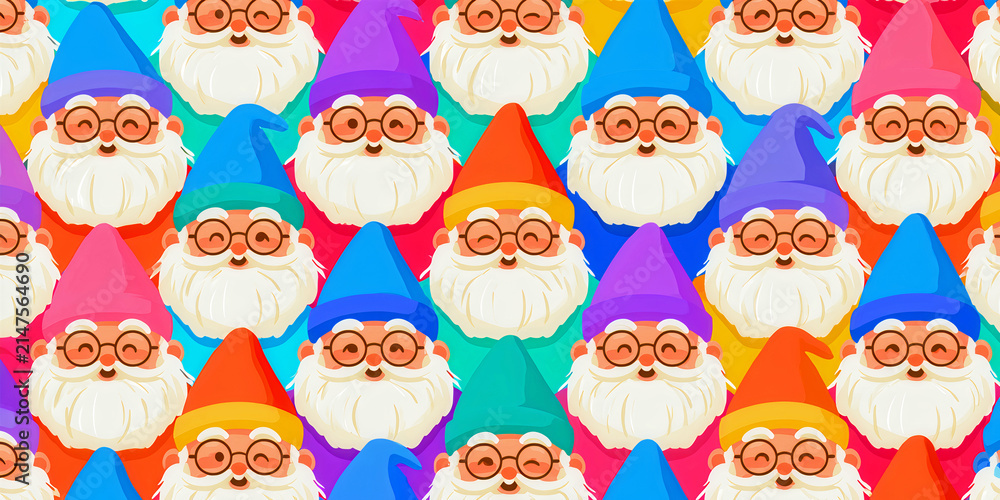 Fototapeta premium The Gnomes That Gather In Bright Color As Rows Of Bearded Faces Fill A Playful Pattern, ai generated.