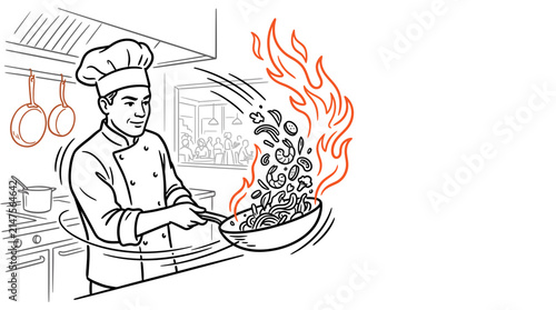 Professional Chef Cooking Stir Fry with Flames in Kitchen Line Art Illustration